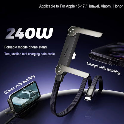 240W Fast Charging Foldable Phone Holder Data Cable Fast Charging Multi Charger Cord with Type C 2-In-1 Foldable Data Cable