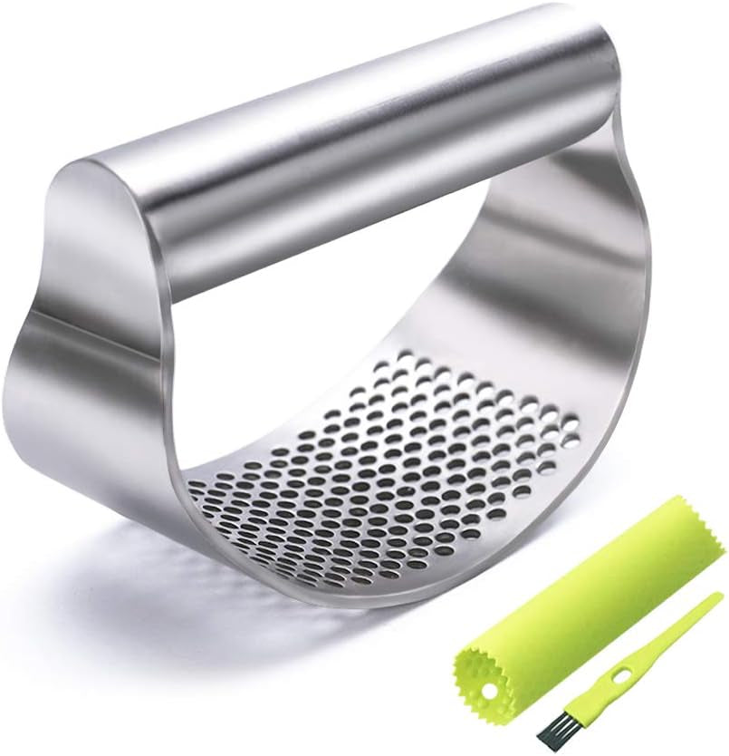 Garlic Press Rocker, Stainless Steel Garlic Mincer Garlic Crusher, Garlic Chooper with Peeler and Scraper Brush, Garlic Press with Ergonomic Handle, Innovative Kitchen Gadgets