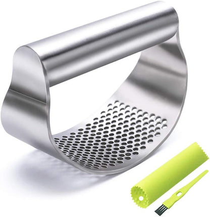 Garlic Press Rocker, Stainless Steel Garlic Mincer Garlic Crusher, Garlic Chooper with Peeler and Scraper Brush, Garlic Press with Ergonomic Handle, Innovative Kitchen Gadgets